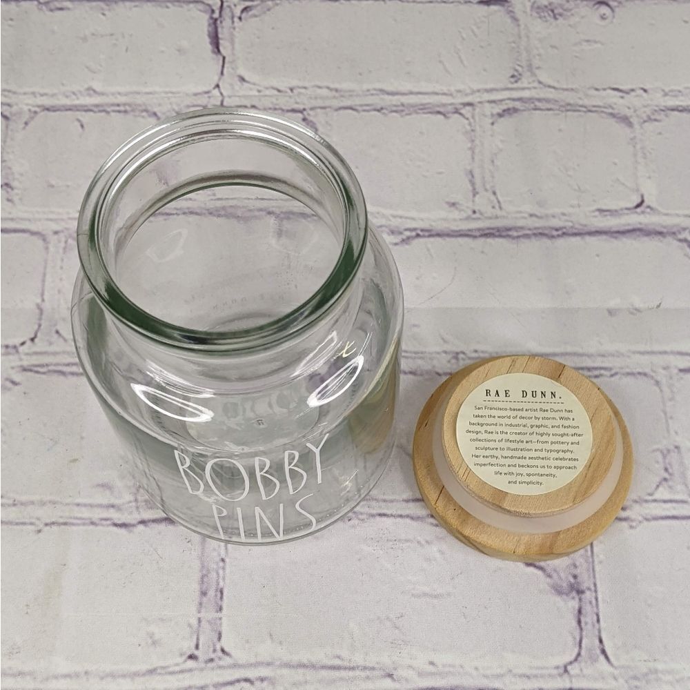 Rae Dunn BOBBY PINS Glass Jar Storage Container with Wooden Lid - Picture 3 of 6